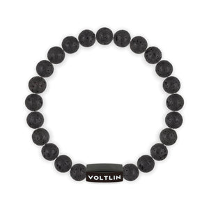 Top view of an 8mm Lava Stone crystal beaded stretch bracelet with black stainless steel logo bead made by Voltlin