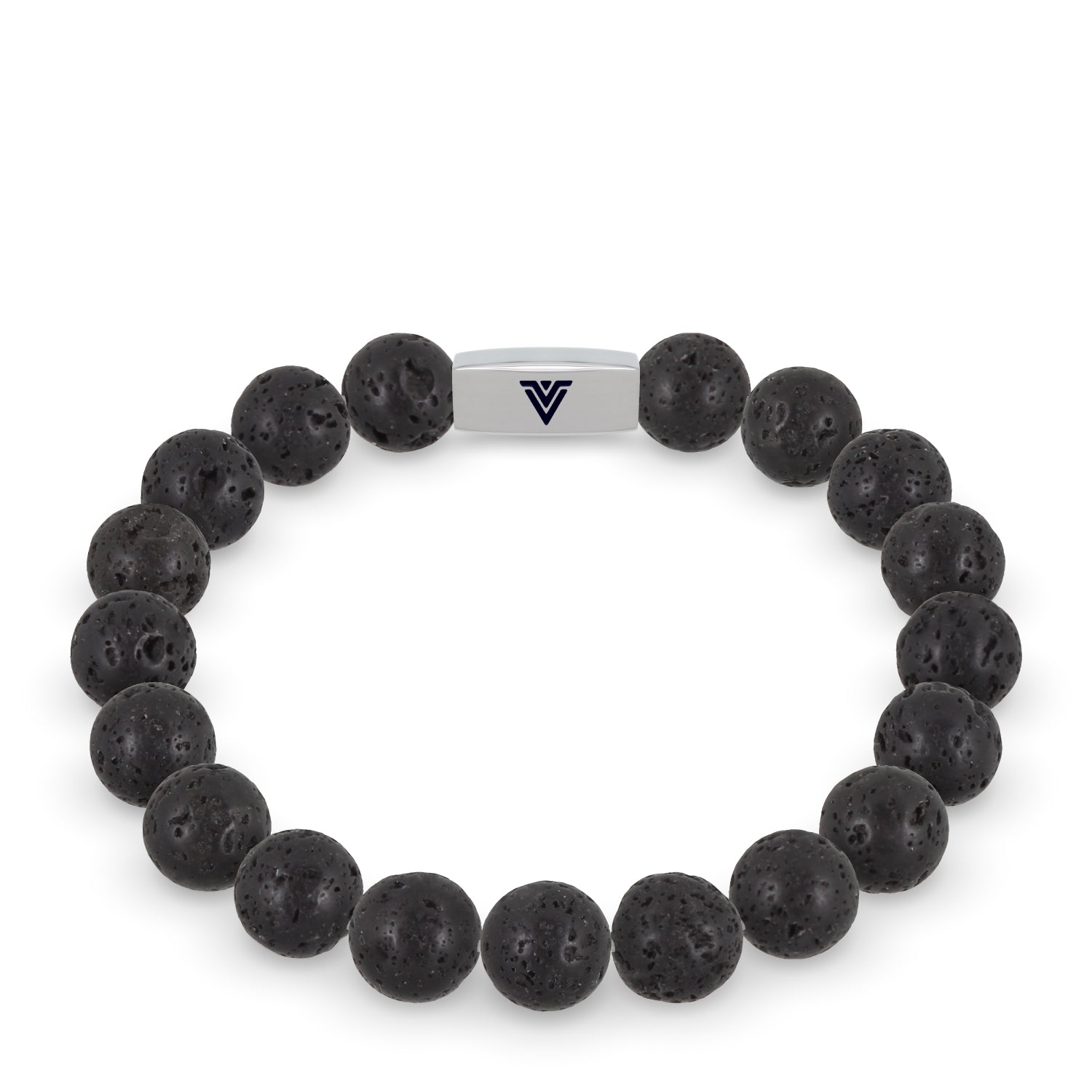 Front view of a 10mm Lava Stone beaded stretch bracelet with silver stainless steel logo bead made by Voltlin