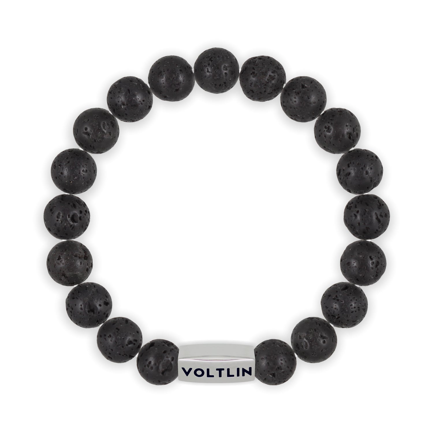 Top view of a 10mm Lava Stone beaded stretch bracelet with silver stainless steel logo bead made by Voltlin