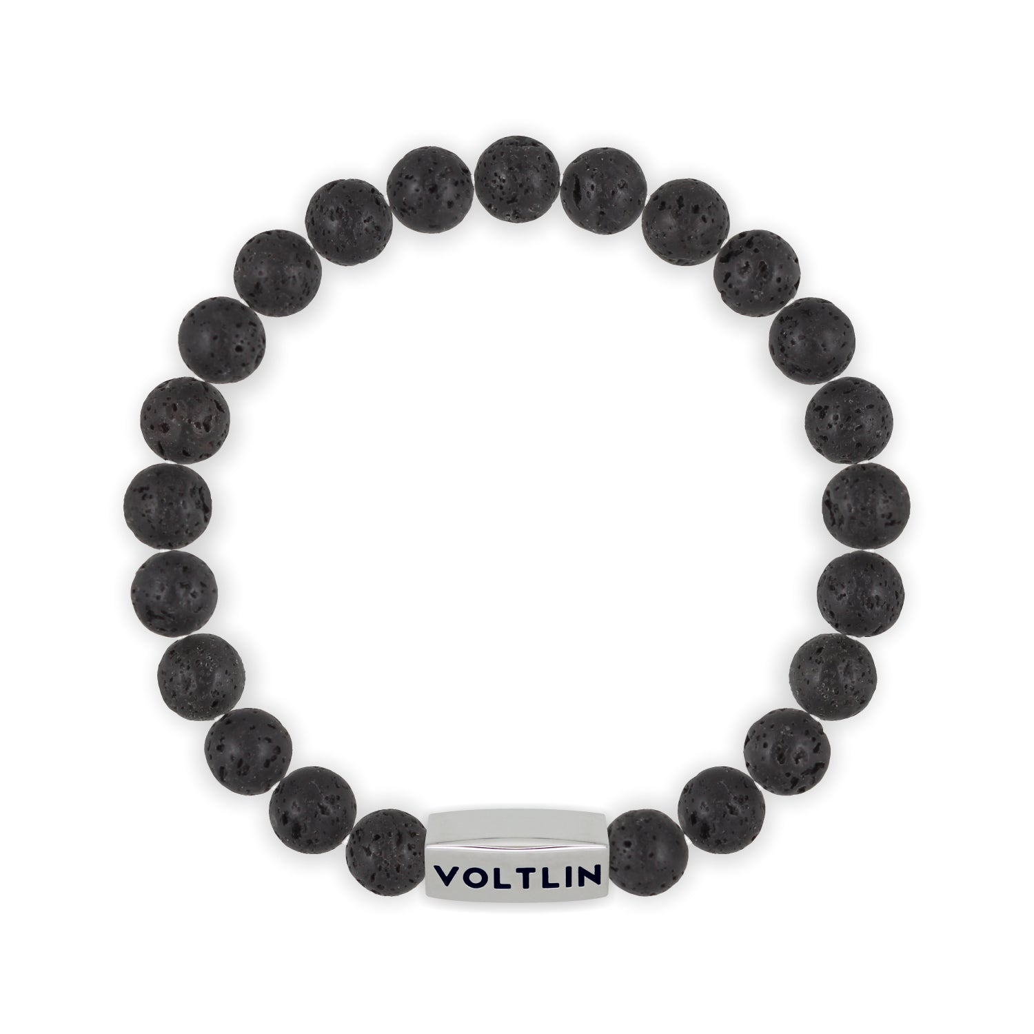 Top view of an 8mm Lava Stone beaded stretch bracelet with silver stainless steel logo bead made by Voltlin