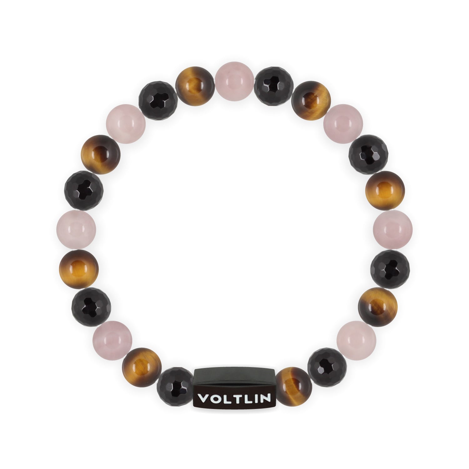 Front view of an 8mm Leo Zodiac crystal beaded stretch bracelet with black stainless steel logo bead made by Voltlin