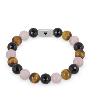 Front view of a 10mm Leo Zodiac beaded stretch bracelet featuring Faceted Onyx, Yellow Tiger’s Eye, & Rose Quartz crystal and silver stainless steel logo bead made by Voltlin