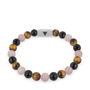 Front view of an 8mm Leo Zodiac beaded stretch bracelet featuring Faceted Onyx, Yellow Tiger’s Eye, & Rose Quartz crystal and silver stainless steel logo bead made by Voltlin