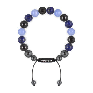 Top view of a 10mm Libra Stone crystal beaded shamballa bracelet with black stainless steel logo bead made by Voltlin