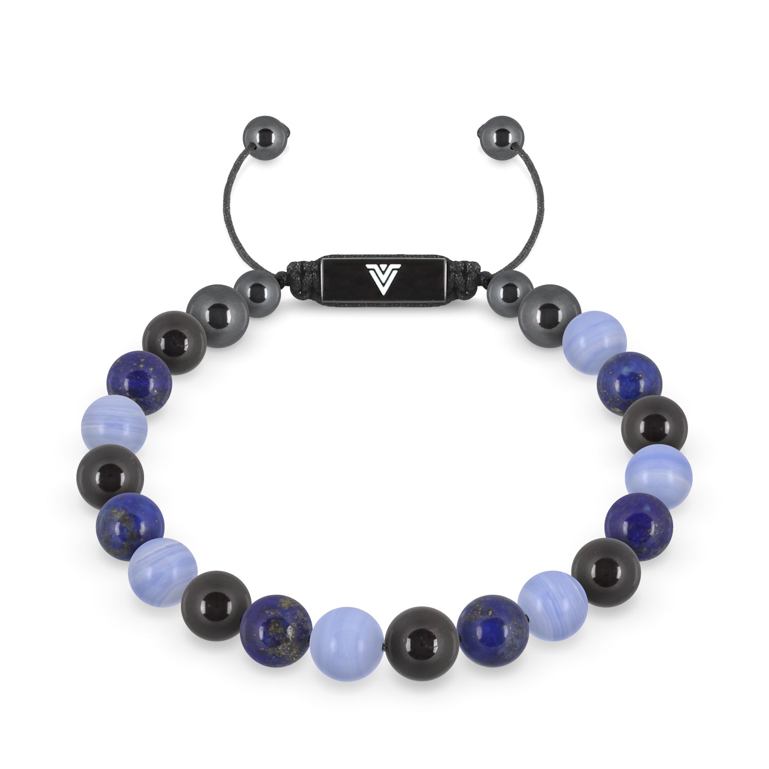Front view of an 8mm Libra Zodiac crystal beaded shamballa bracelet with black stainless steel logo bead made by Voltlin