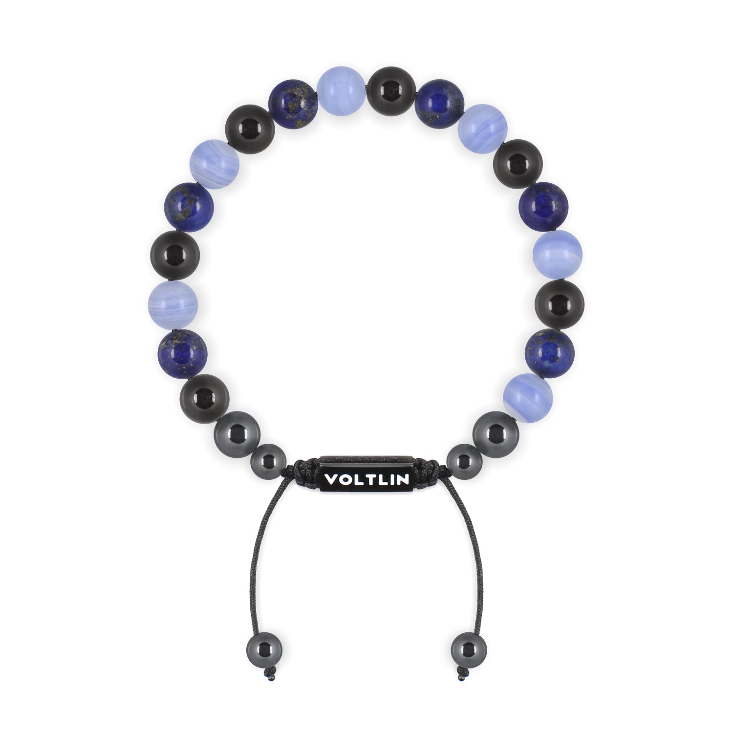 Front view of an 8mm Libra Zodiac crystal beaded shamballa bracelet with black stainless steel logo bead made by Voltlin