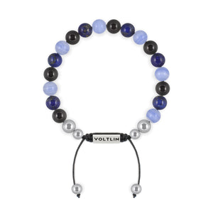 Top view of an 8mm Libra Zodiac beaded shamballa bracelet featuring Black Tourmaline, Lapis Lazuli, & Blue Lace Agate crystal and silver stainless steel logo bead made by Voltlin