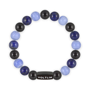 Top view of a 10mm Libra Zodiac crystal beaded stretch bracelet with black stainless steel logo bead made by Voltlin