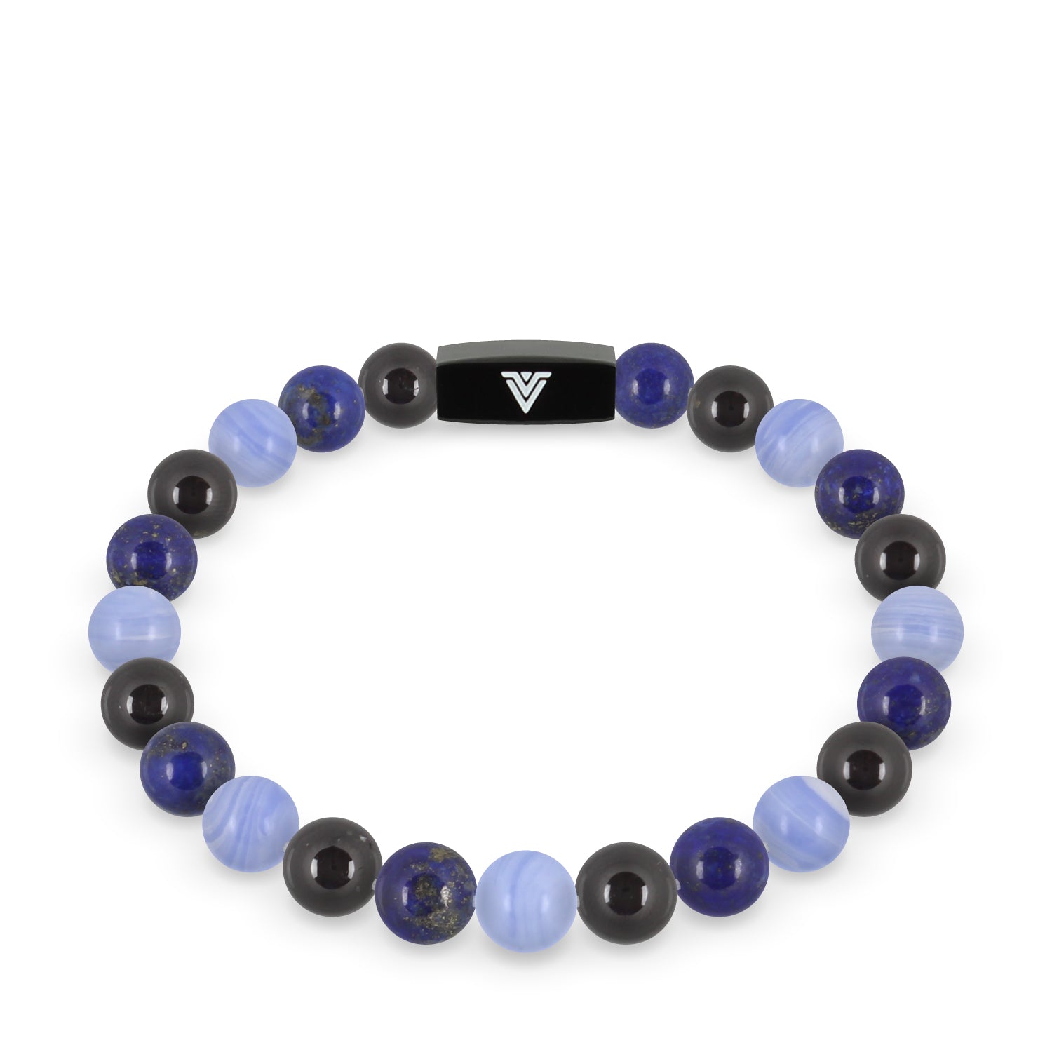 Front view of an 8mm Libra Zodiac crystal beaded stretch bracelet with black stainless steel logo bead made by Voltlin