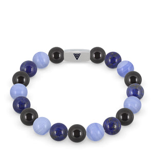 Front view of a 10mm Libra Zodiac beaded stretch bracelet featuring Black Tourmaline, Lapis Lazuli, & Blue Lace Agate crystal and silver stainless steel logo bead made by Voltlin