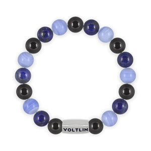 Top view of a 10mm Libra Zodiac beaded stretch bracelet featuring Black Tourmaline, Lapis Lazuli, & Blue Lace Agate crystal and silver stainless steel logo bead made by Voltlin