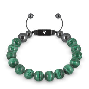 Front view of a 10mm Malachite crystal beaded shamballa bracelet with black stainless steel logo bead made by Voltlin