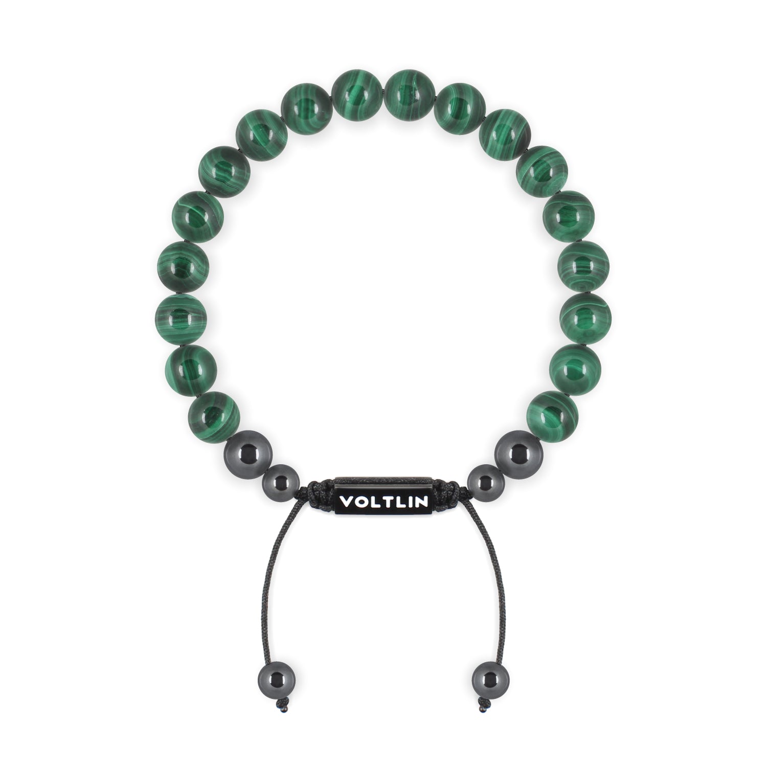 Top view of an 8mm Malachite crystal beaded shamballa bracelet with black stainless steel logo bead made by Voltlin