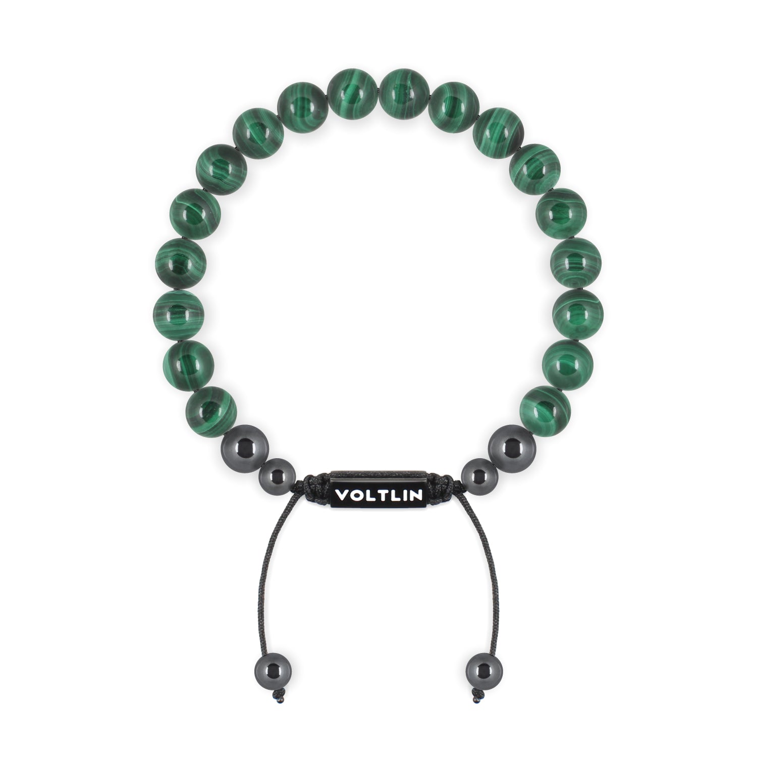 Front view of an 8mm Malachite crystal beaded shamballa bracelet with black stainless steel logo bead made by Voltlin
