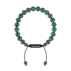 Top view of an 8mm Malachite crystal beaded shamballa bracelet with black stainless steel logo bead made by Voltlin