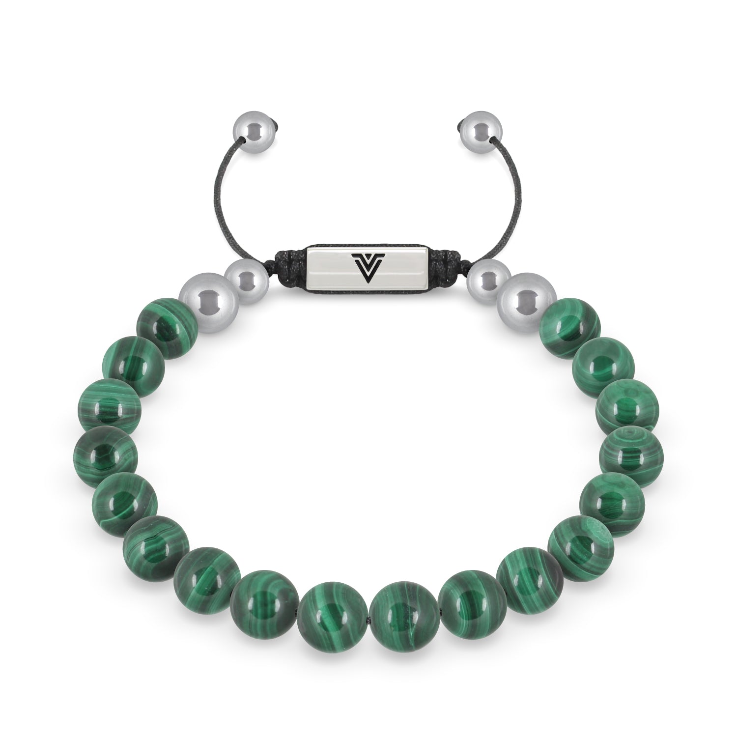 Front view of an 8mm Malachite beaded shamballa bracelet with silver stainless steel logo bead made by Voltlin