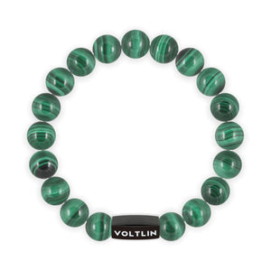 Top view of a 10mm Malachite crystal beaded stretch bracelet with black stainless steel logo bead made by Voltlin