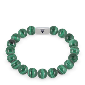 Front view of a 10mm Malachite beaded stretch bracelet with silver stainless steel logo bead made by Voltlin