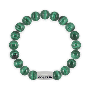 Top view of a 10mm Malachite beaded stretch bracelet with silver stainless steel logo bead made by Voltlin