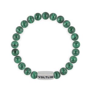 Top view of an 8mm Malachite beaded stretch bracelet with silver stainless steel logo bead made by Voltlin