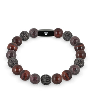 Front view of a 10 mm Maroon Sirius beaded stretch bracelet featuring Faceted Garnet, Black Pave, Rosewood, & Red Tiger’s Eye crystal and black stainless steel logo bead made by Voltlin
