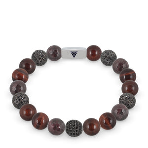 Front view of a 10mm Maroon Sirius beaded stretch bracelet featuring Faceted Garnet, Black Pave, Rosewood, & Red Tiger’s Eye crystal and silver stainless steel logo bead made by Voltlin