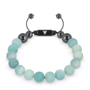 Front view of a 10mm Matte Amazonite crystal beaded shamballa bracelet with black stainless steel logo bead made by Voltlin