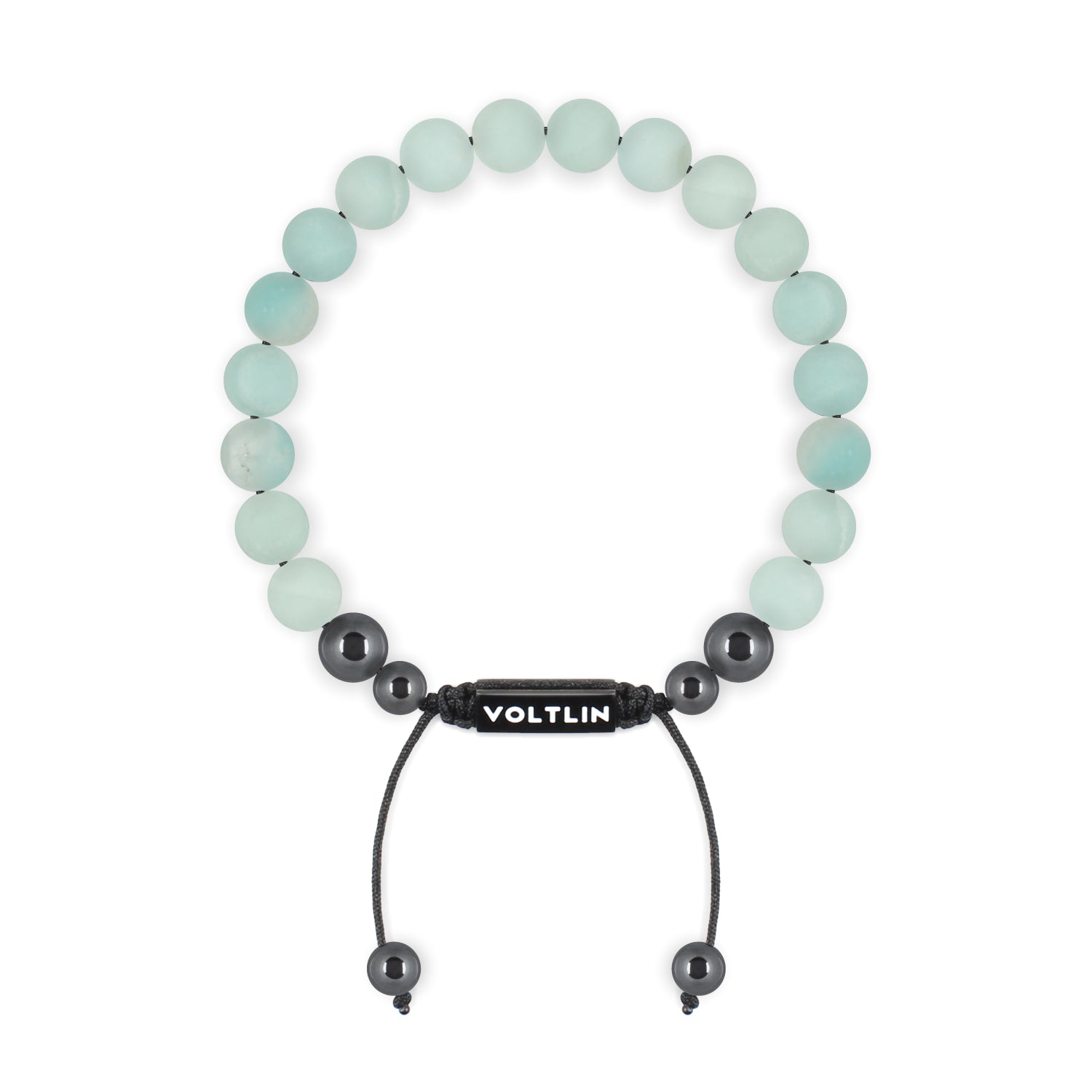 Top view of an 8mm Matte Amazonite crystal beaded shamballa bracelet with black stainless steel logo bead made by Voltlin