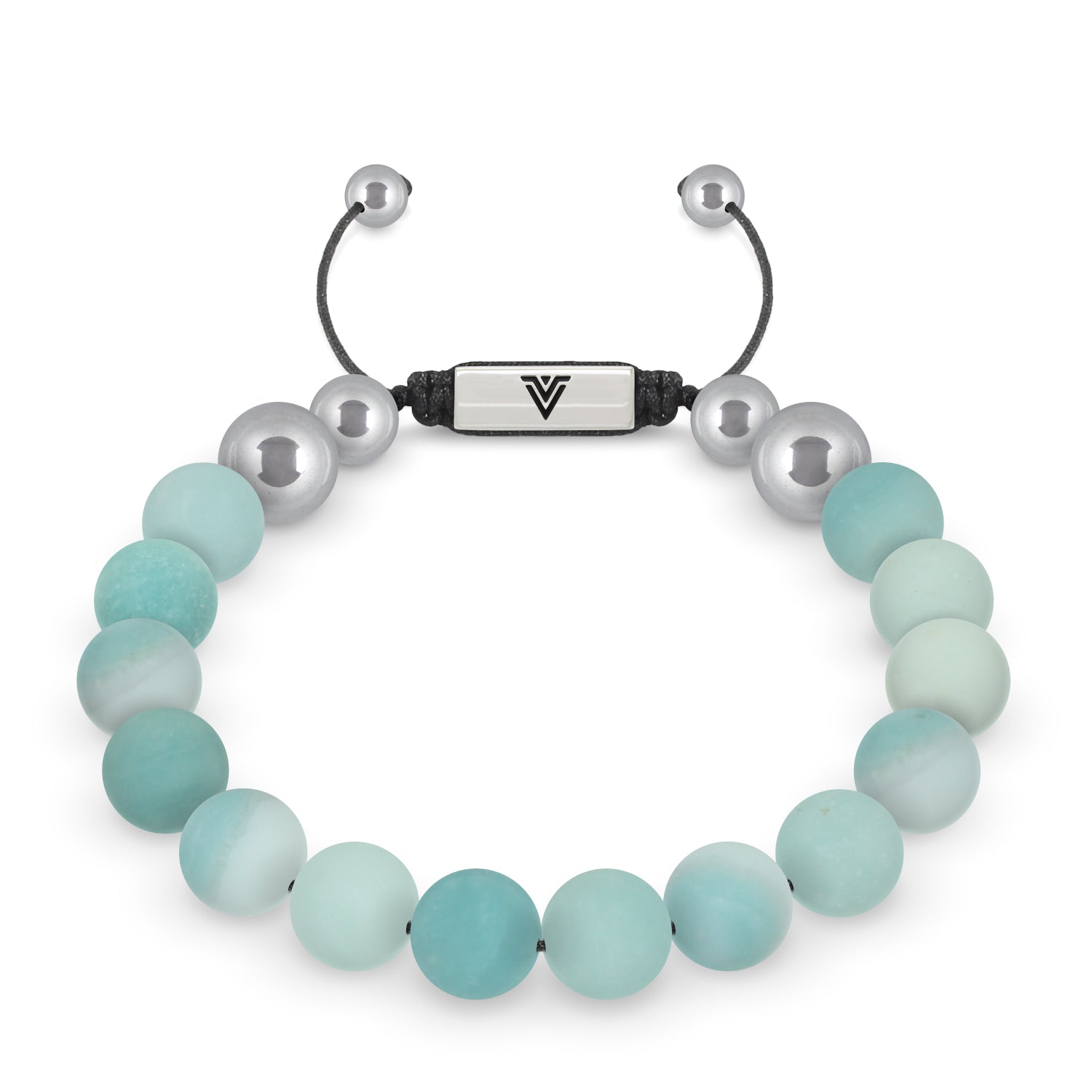 Front view of a 10mm Matte Amazonite beaded shamballa bracelet with silver stainless steel logo bead made by Voltlin