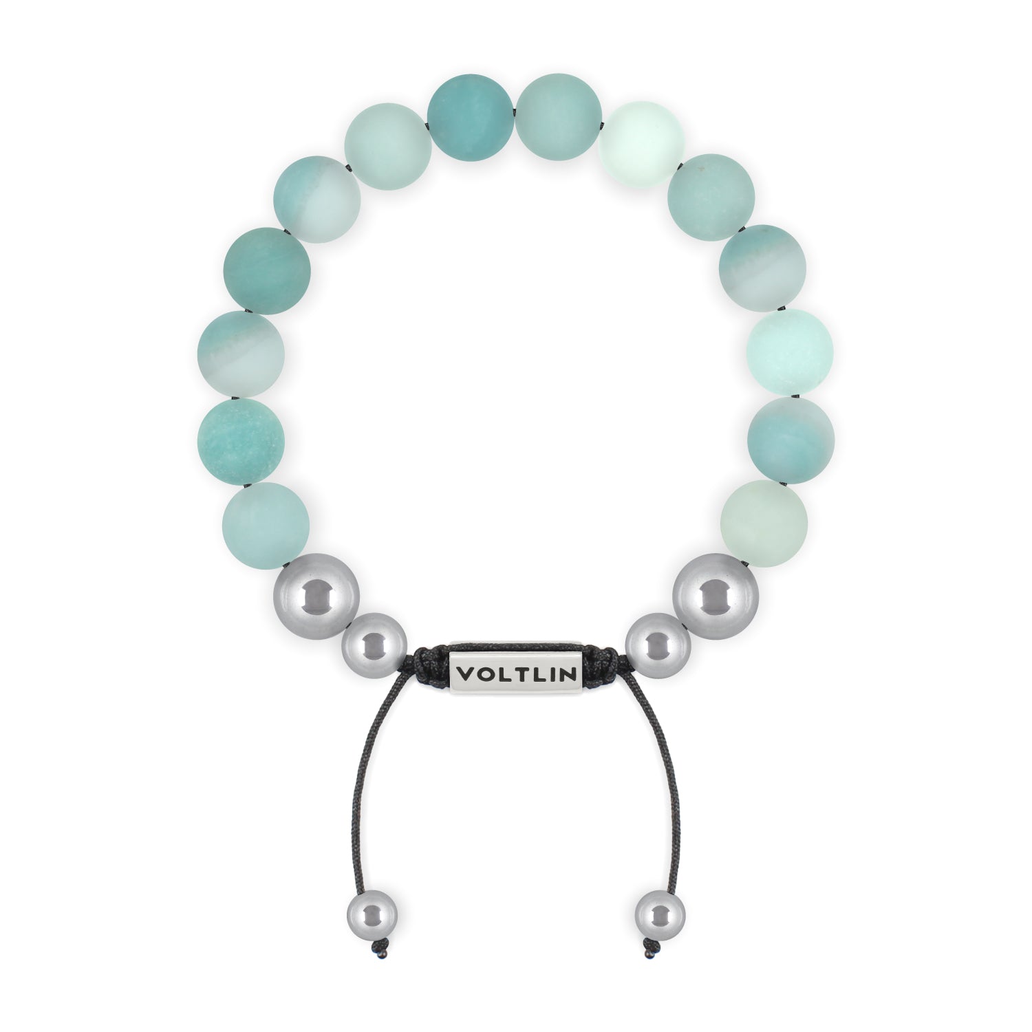 Top view of a 10mm Matte Amazonite beaded shamballa bracelet with silver stainless steel logo bead made by Voltlin