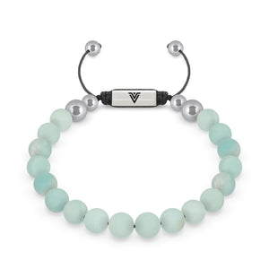 Front view of an 8mm Matte Amazonite beaded shamballa bracelet with silver stainless steel logo bead made by Voltlin