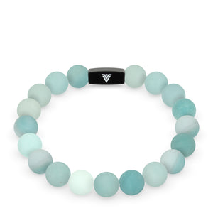 Front view of a 10mm Matte Amazonite crystal beaded stretch bracelet with black stainless steel logo bead made by Voltlin