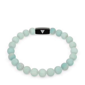 Front view of an 8mm Matte Amazonite crystal beaded stretch bracelet with black stainless steel logo bead made by Voltlin