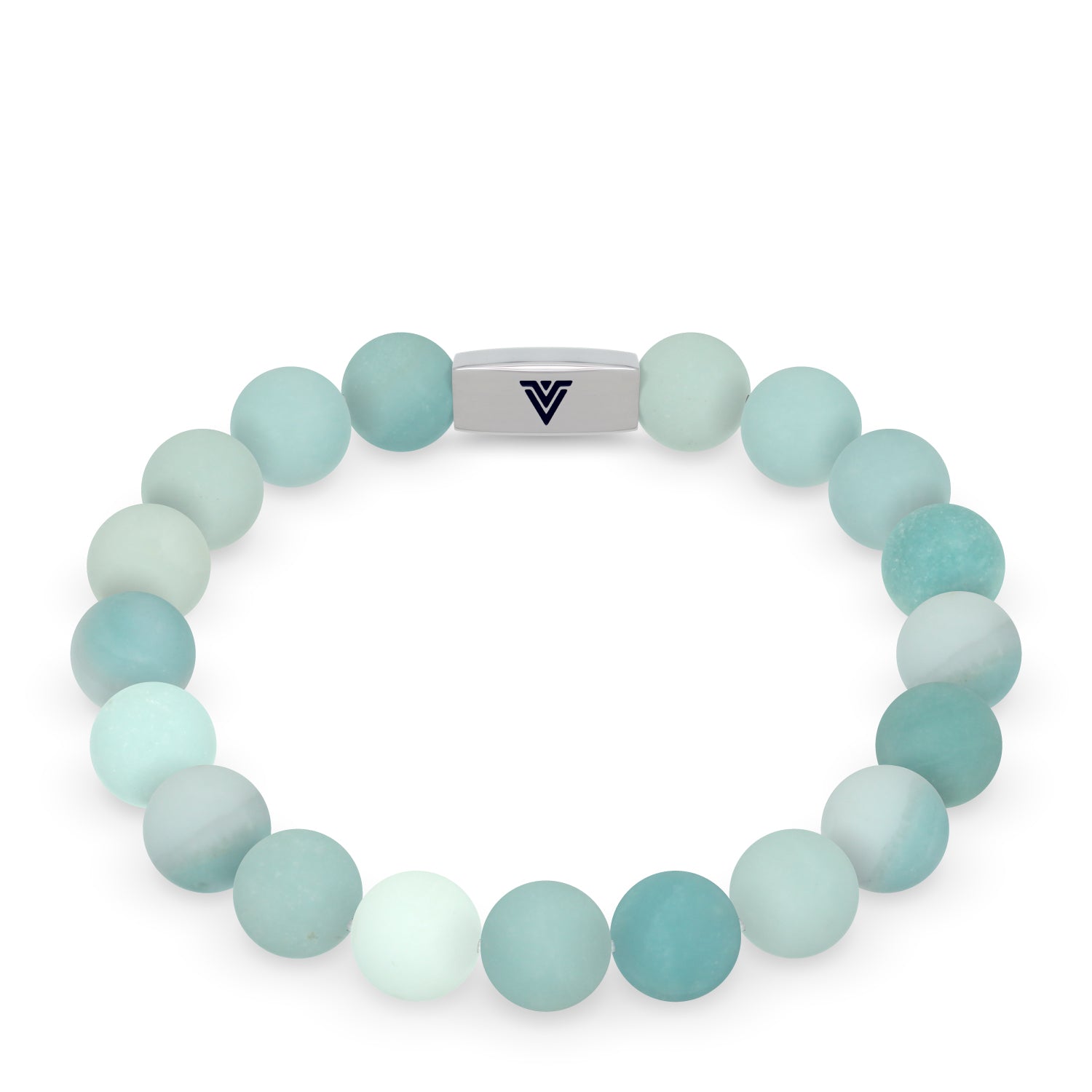 Front view of a 10 mm Matte Amazonite beaded stretch bracelet with silver stainless steel logo bead made by Voltlin