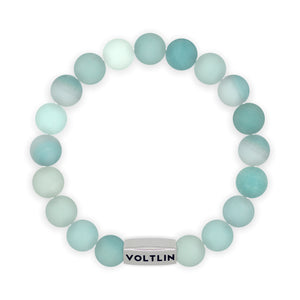 Top view of a 10mm Matte Amazonite beaded stretch bracelet with silver stainless steel logo bead made by Voltlin