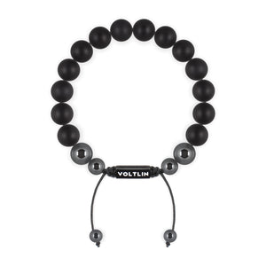 Top view of a 10mm Matte Onyx crystal beaded shamballa bracelet with black stainless steel logo bead made by Voltlin