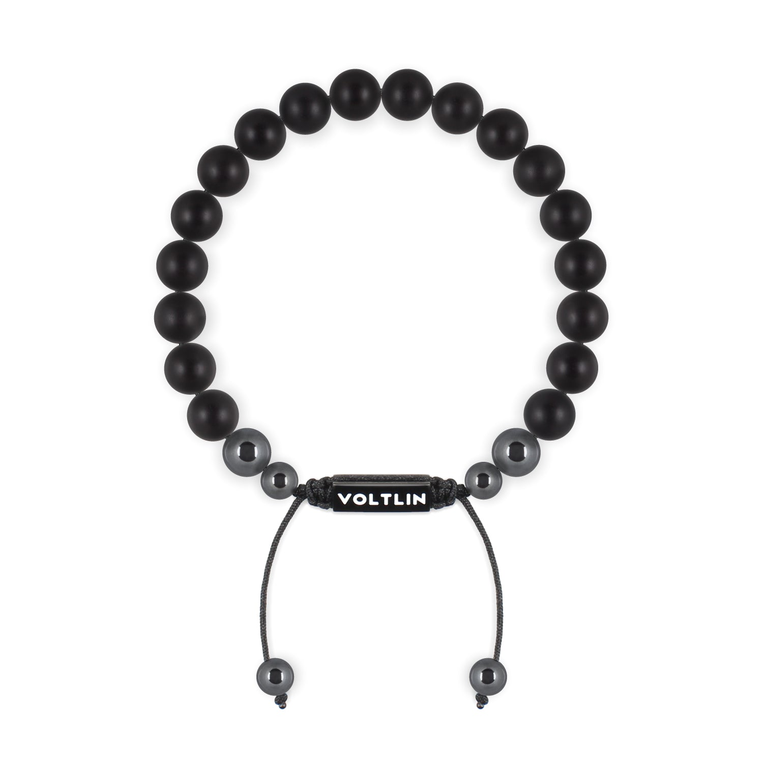 Top view of an 8mm Matte Onyx crystal beaded shamballa bracelet with black stainless steel logo bead made by Voltlin