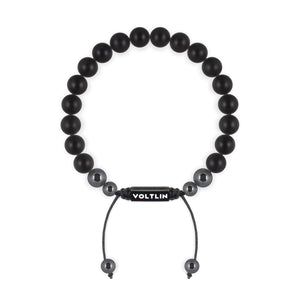 Top view of an 8mm Matte Onyx crystal beaded shamballa bracelet with black stainless steel logo bead made by Voltlin