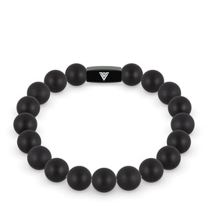 Front view of a 10mm Matte Onyx crystal beaded stretch bracelet with black stainless steel logo bead made by Voltlin