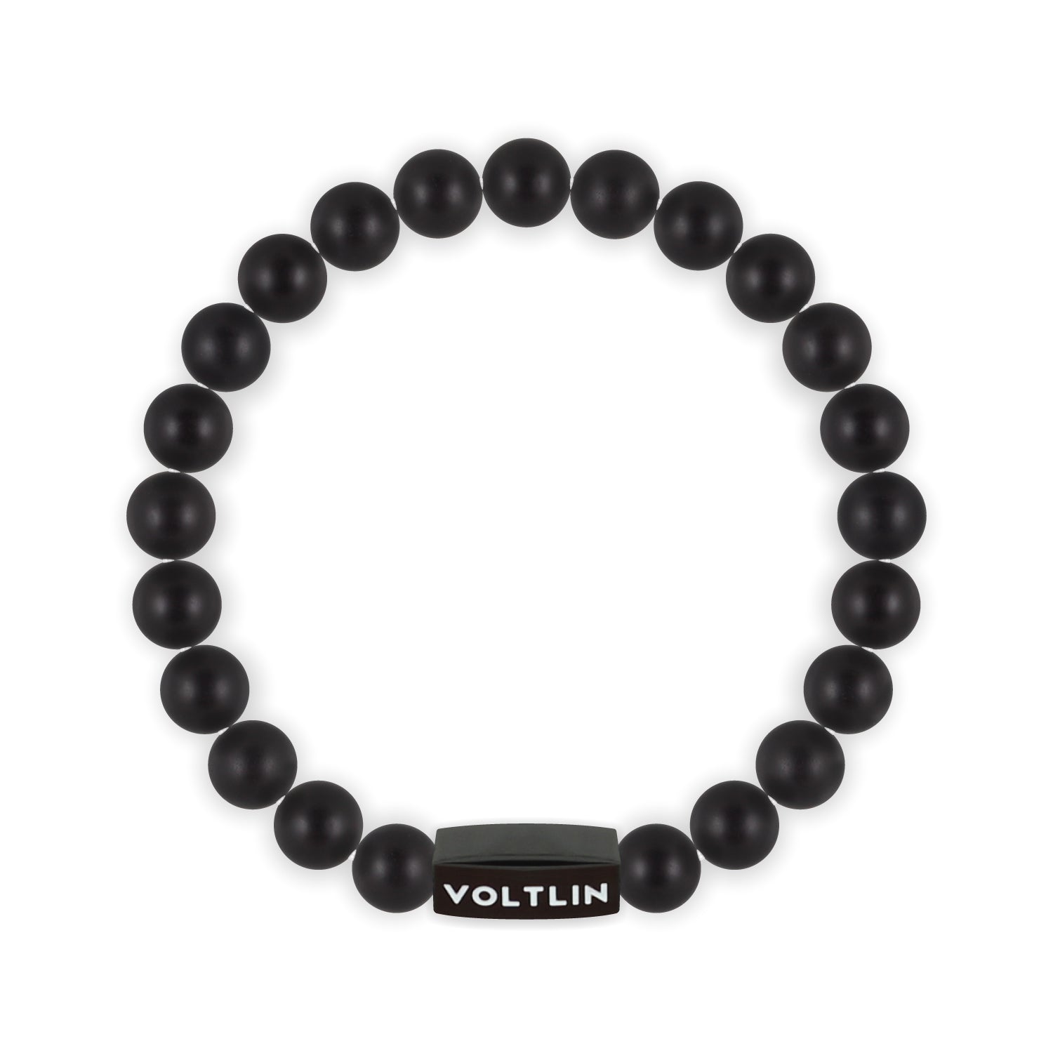 Top view of an 8mm Matte Onyx crystal beaded stretch bracelet with black stainless steel logo bead made by Voltlin