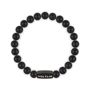Top view of an 8mm Matte Onyx crystal beaded stretch bracelet with black stainless steel logo bead made by Voltlin