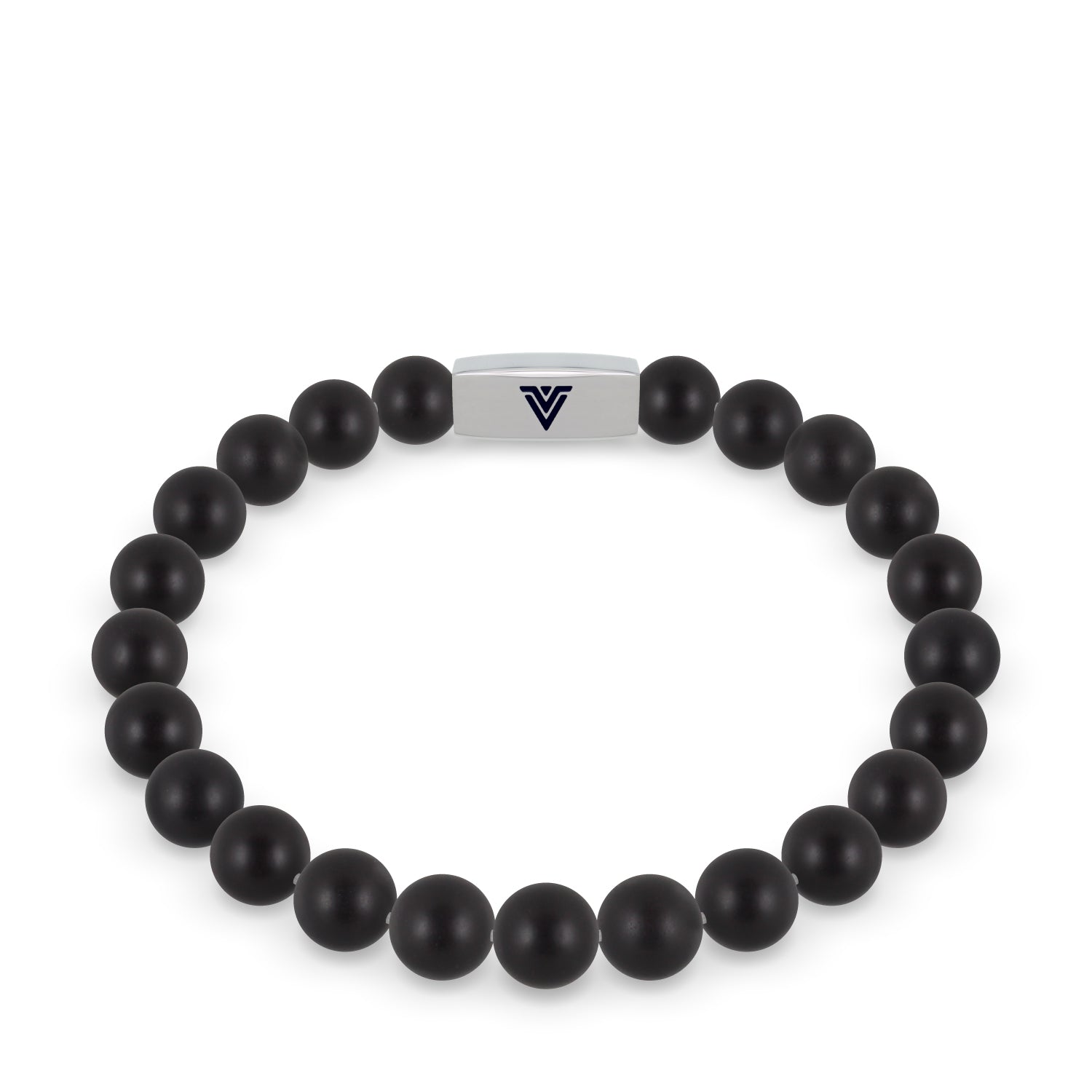 Front view of an 8mm Matte Onyx beaded stretch bracelet with silver stainless steel logo bead made by Voltlin