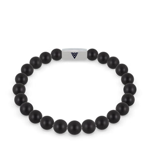 Front view of an 8mm Matte Onyx beaded stretch bracelet with silver stainless steel logo bead made by Voltlin