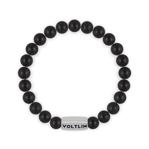 Top view of an 8mm Matte Onyx beaded stretch bracelet with silver stainless steel logo bead made by Voltlin