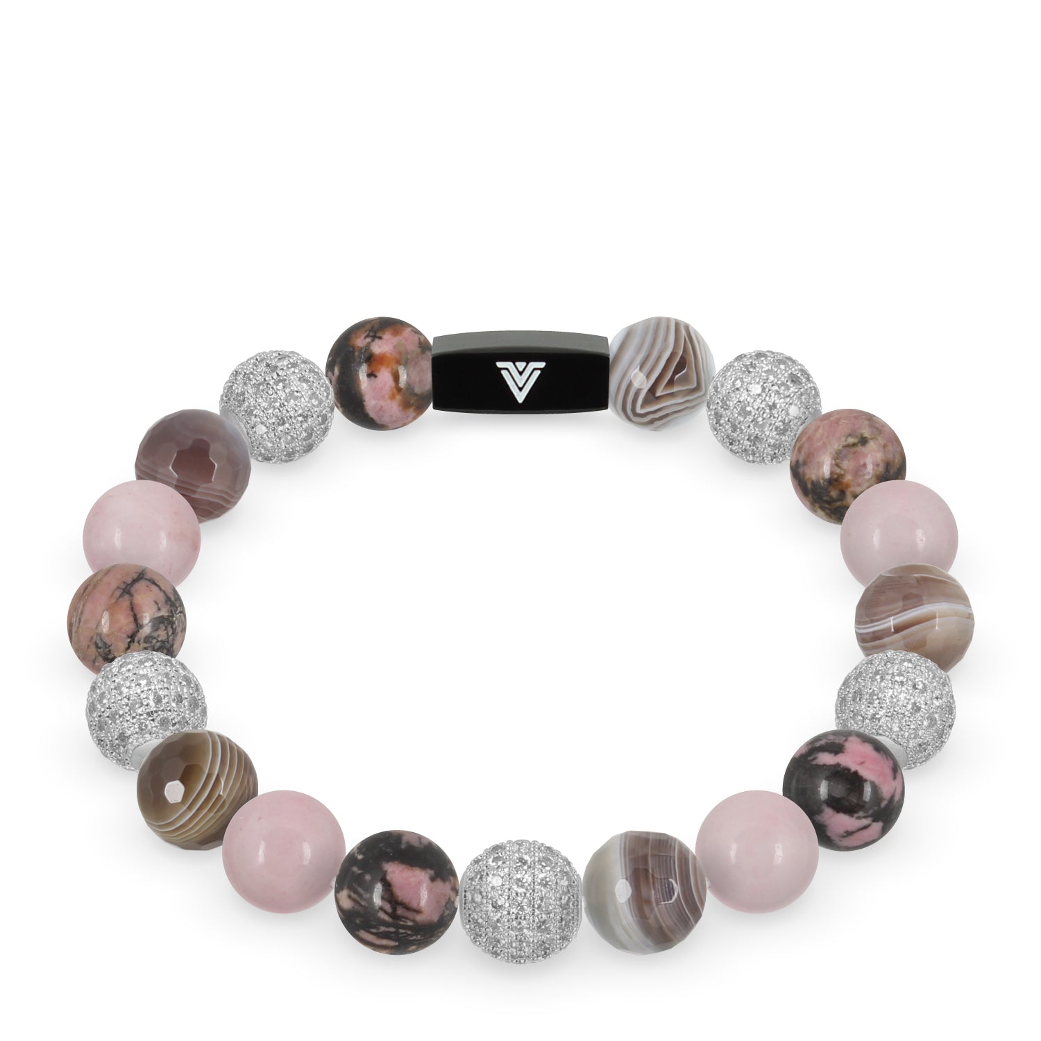Front view of a 10 mm Mauve Sirius beaded stretch bracelet featuring Rhodonite, Silver Pave, Faceted Botswana Agate, & Rose Quartz crystal and black stainless steel logo bead made by Voltlin