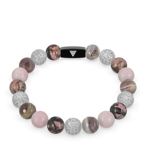 Front view of a 10 mm Mauve Sirius beaded stretch bracelet featuring Rhodonite, Silver Pave, Faceted Botswana Agate, & Rose Quartz crystal and black stainless steel logo bead made by Voltlin