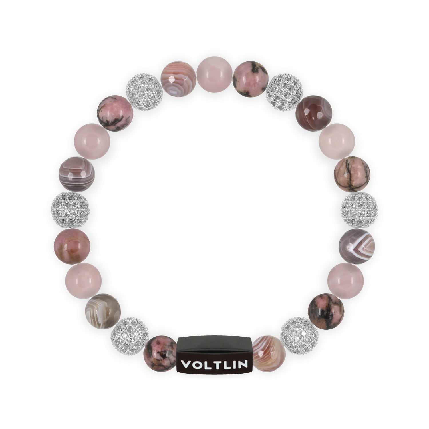 Top view of an 8 mm Mauve Sirius beaded stretch bracelet featuring Rhodonite, Silver Pave, Faceted Botswana Agate, & Rose Quartz crystal and black stainless steel logo bead made by Voltlin