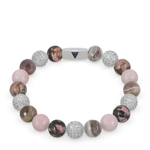Front view of a 10mm Mauve Sirius beaded stretch bracelet featuring Rhodonite, Silver Pave, Faceted Botswana Agate, & Rose Quartz crystal and silver stainless steel logo bead made by Voltlin