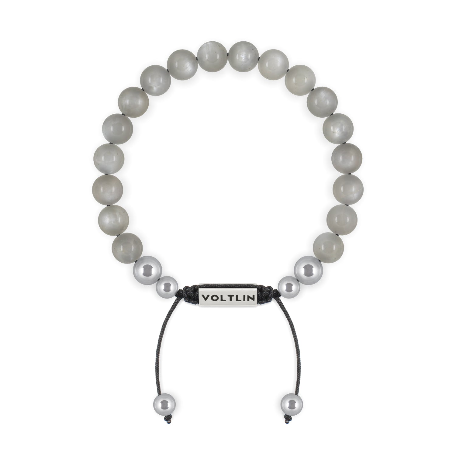Front view of an 8mm Moonstone beaded shamballa bracelet with silver stainless steel logo bead made by Voltlin