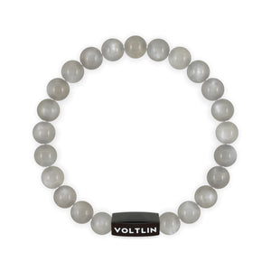 Top view of an 8mm Moonstone crystal beaded stretch bracelet with black stainless steel logo bead made by Voltlin